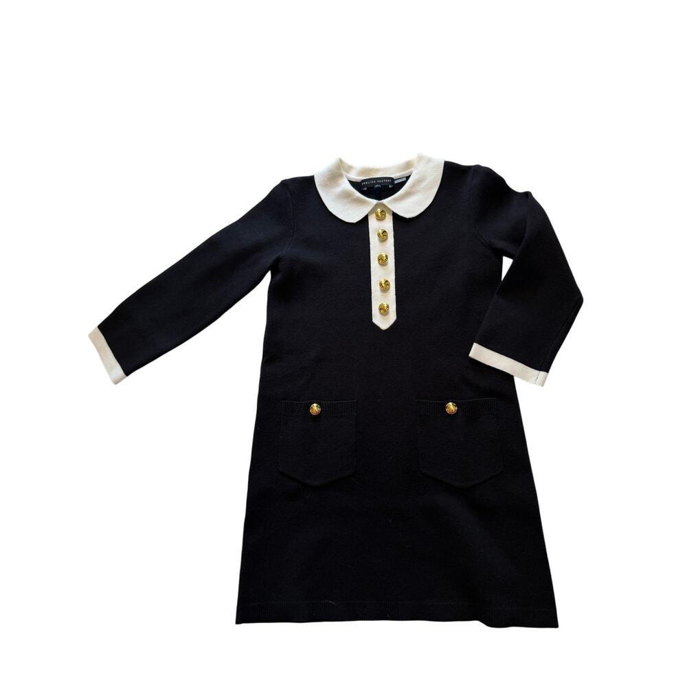 English Factory Serena Knit Mini Dress Small Black Ivory Collar Gold Buttons